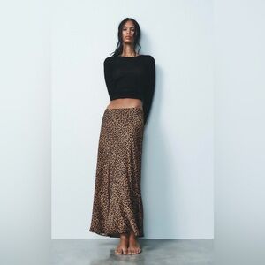 Zara Leopard Print Satin Midi Skirt